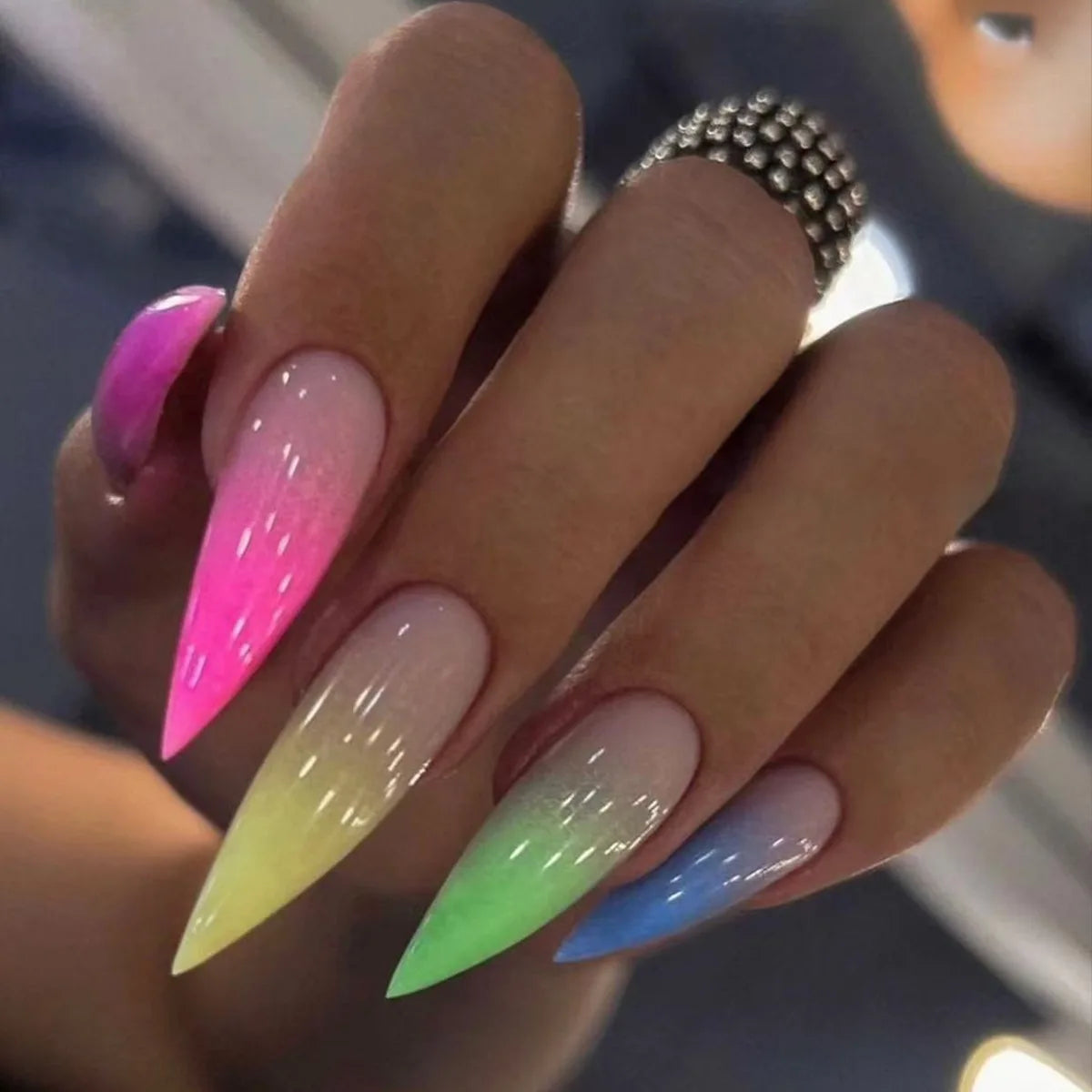 24Pcs Long Press on Nail Full Cover Rainbow Jump Color Design Gradient Stiletto Almond Manicure Simple Style Acrylic Fake Nails 2