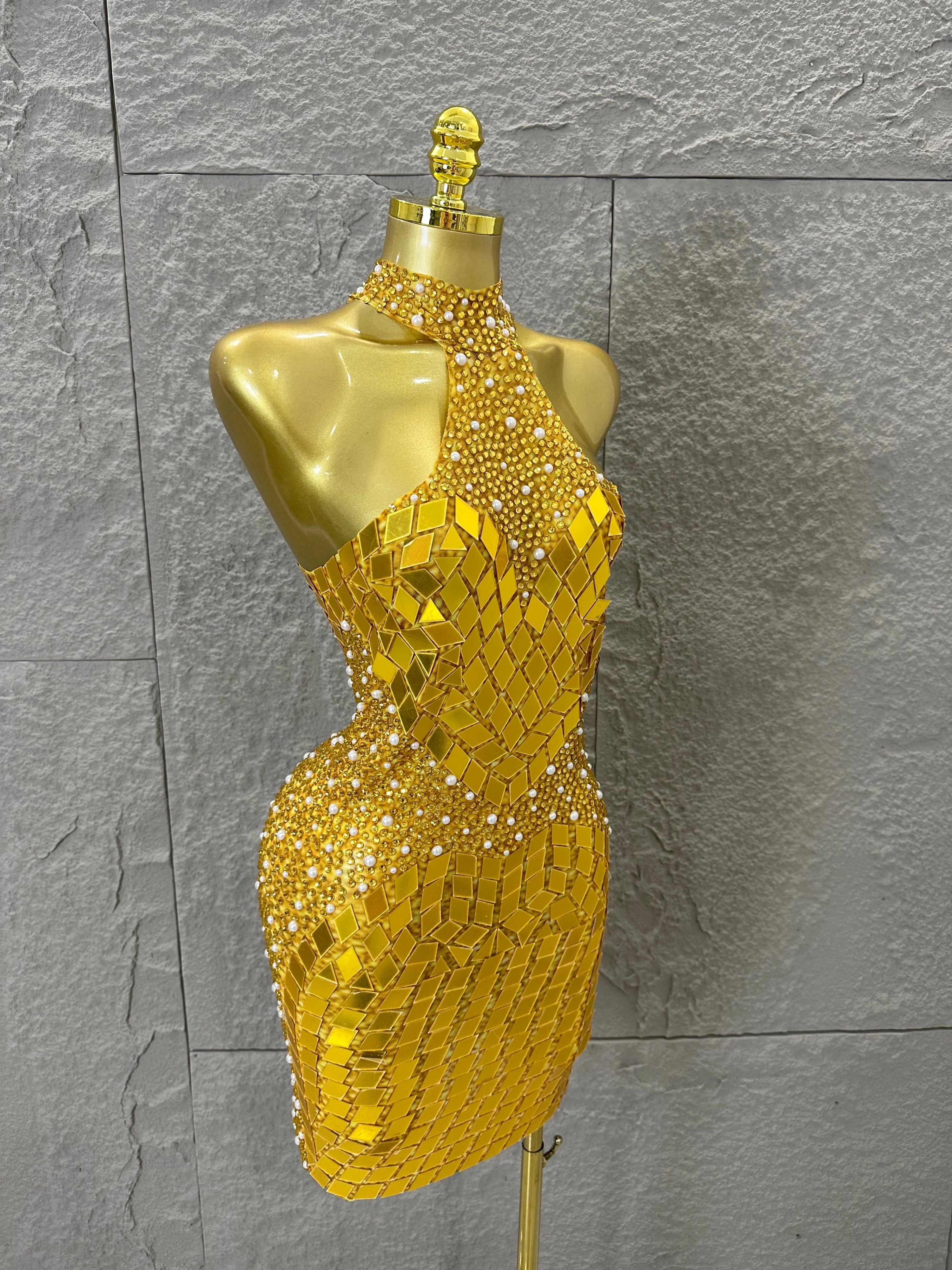 Luxury Gold Red Halter Neck Bandage Mini Dress Diamond Mirror Pearl Embellished Bodycon Formal Evening Gown
