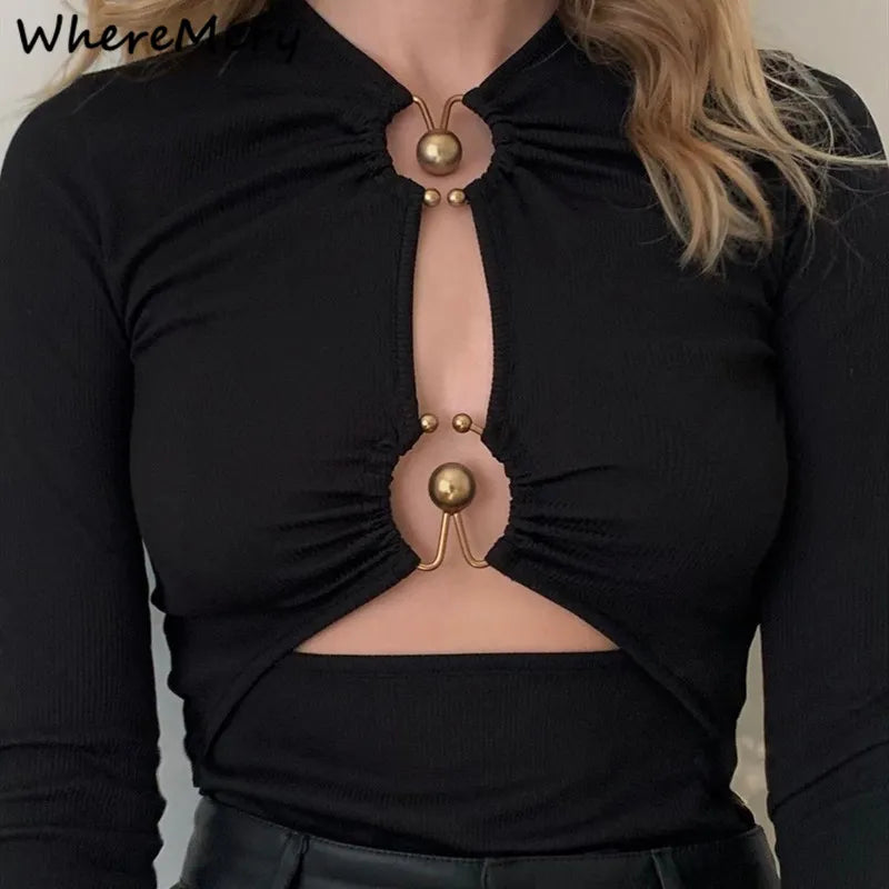 Sexy Hollow Out Long Sleeve Bodysuit Metal Ring Connection Fashion Folds Women Bodice Black Bodycon Party Clubwear Top