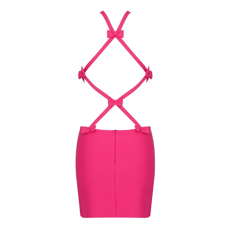 Rose Red Color Women Sexy Bodycon Mini Dress Rayon Bandage Halter Nightclub Party Dress Celebrity Birthday Party Dress Rose Red