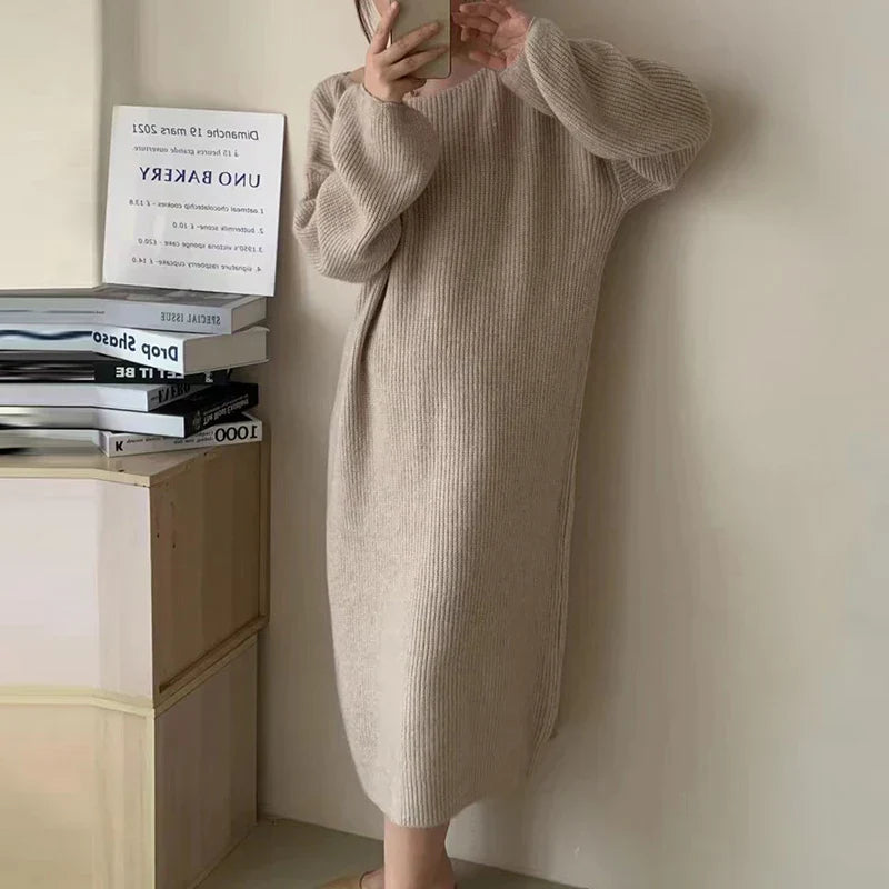 Winter Casual Long Knitted Sweater Dress Elegant New Solid Crew-neck Furry Pullover Dress Women Long Sleeve Party Dress 03 As Picture One Size