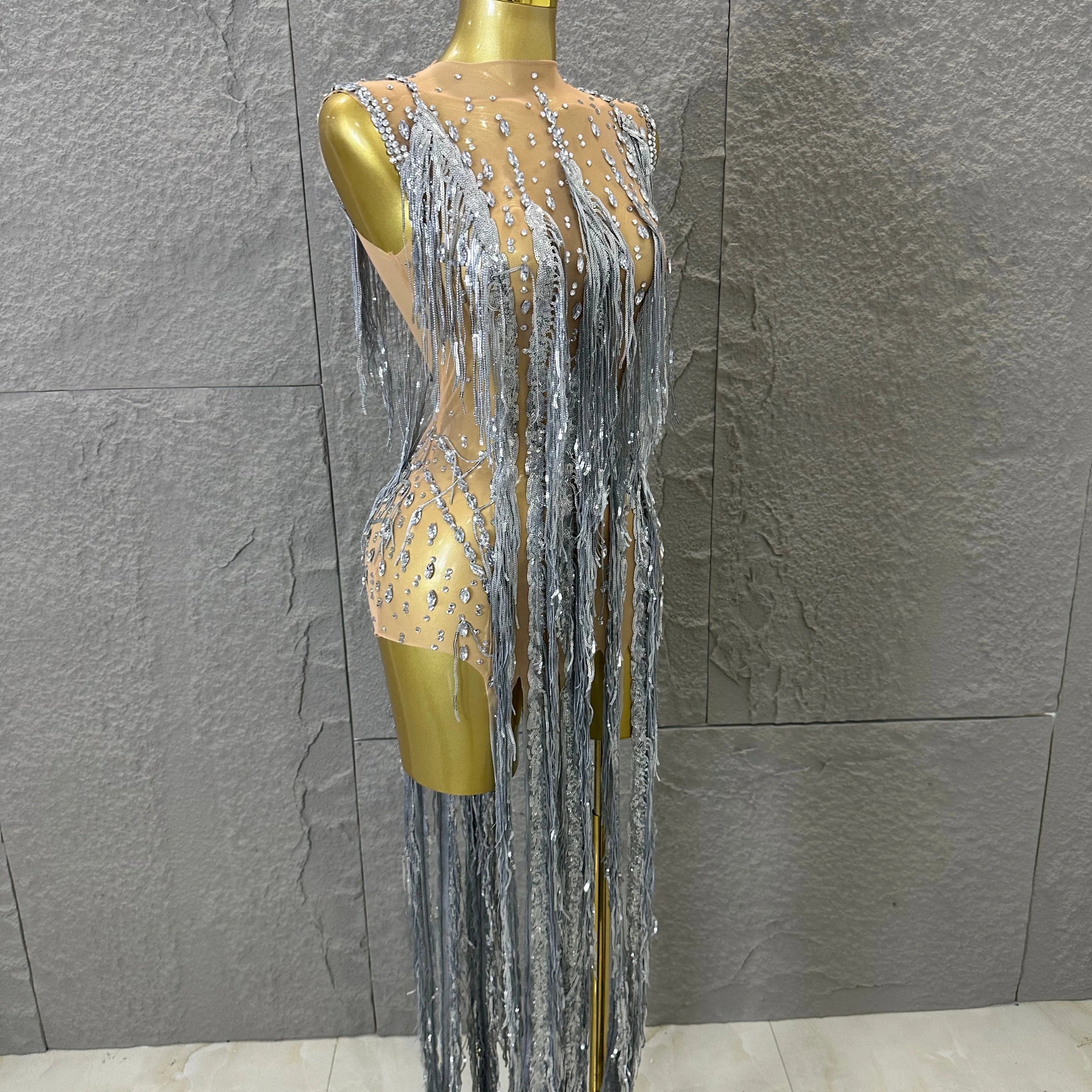 Luxury See Through Mesh Silver Rhinestone Long Tassel Dress Sleeveless Fitted Bodycon Formal Evening Wedding Guest Cocktail Gown