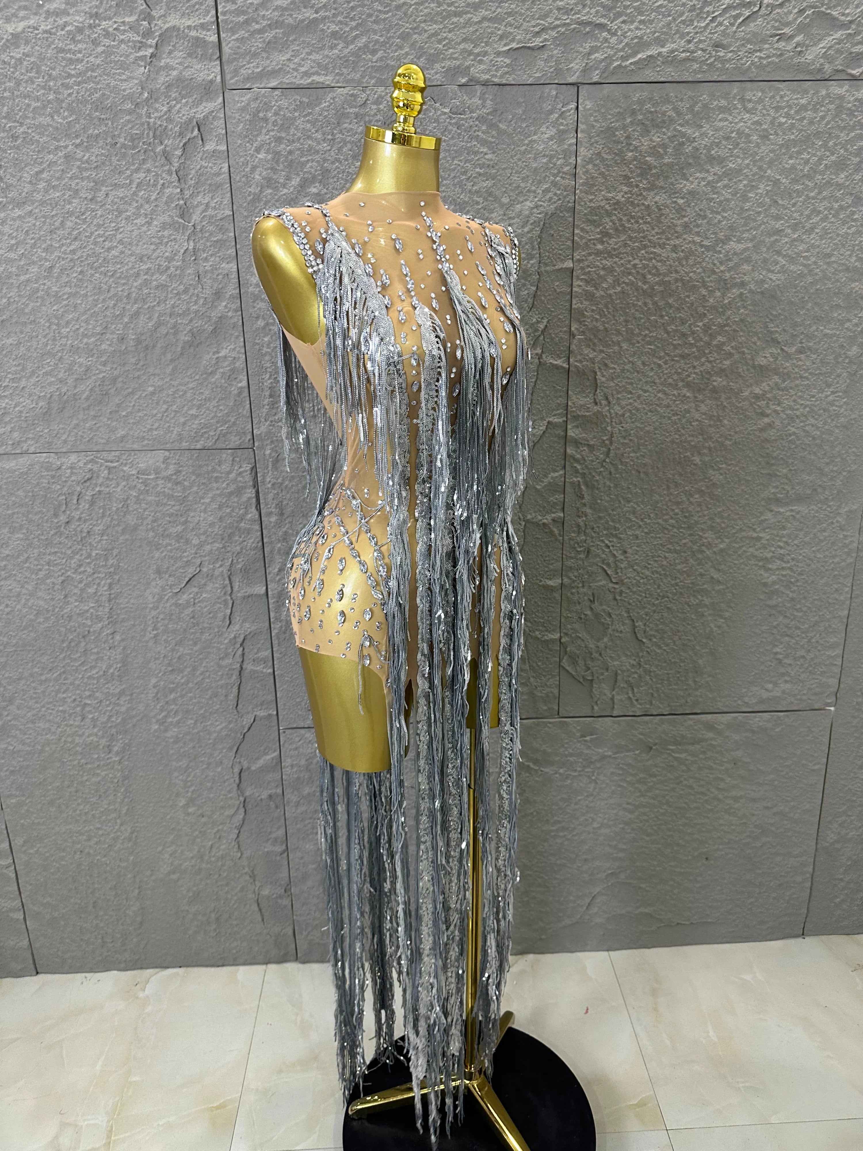 Luxury See Through Mesh Silver Rhinestone Long Tassel Dress Sleeveless Fitted Bodycon Formal Evening Wedding Guest Cocktail Gown