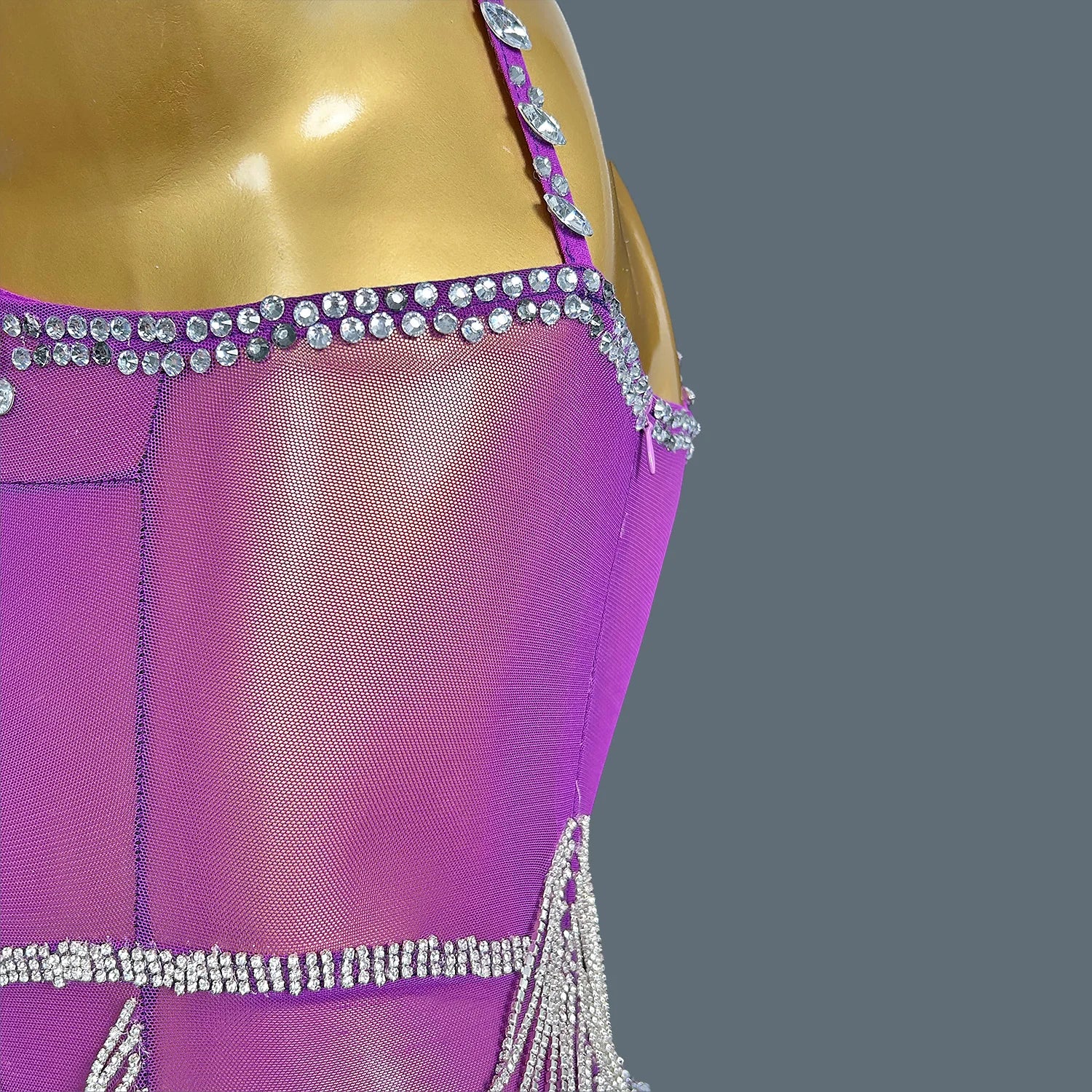 Women Purple Crystal Chain Diamonds Dress Elastic Sexy Mini Night Club Performance Costume Birthday Party Dress Tassel Liehu