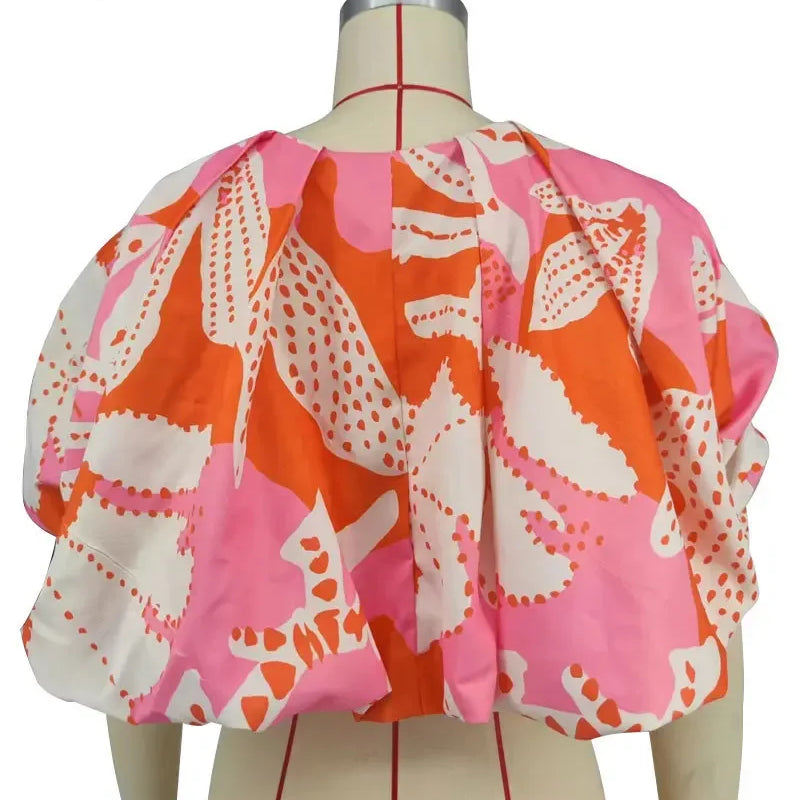 Summer Street Women Shirts Fashion Ruched Short Puff Sleeve Mini Blouse 2024 Street Print Casual Holiday Shirts Tops