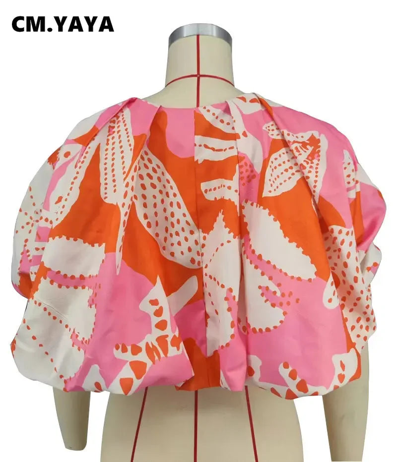 Summer Street Women Shirts Fashion Ruched Short Puff Sleeve Mini Blouse 2024 Street Print Casual Holiday Shirts Tops