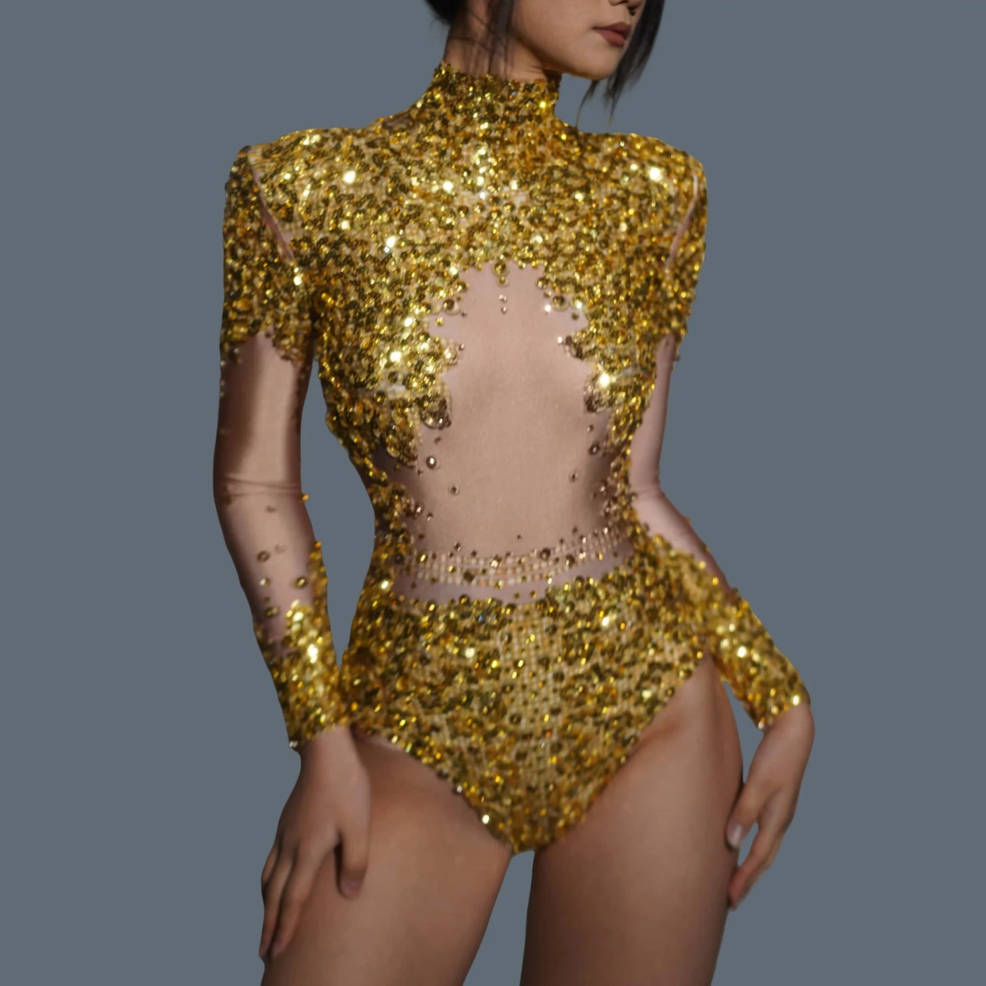 Sparkly Crystals Sequins Women Bodysuit Nightclub Stage Performance Outfit Carnival Party Showgirl Sexy Fancy Bodysuit Yiniang Gold One Size