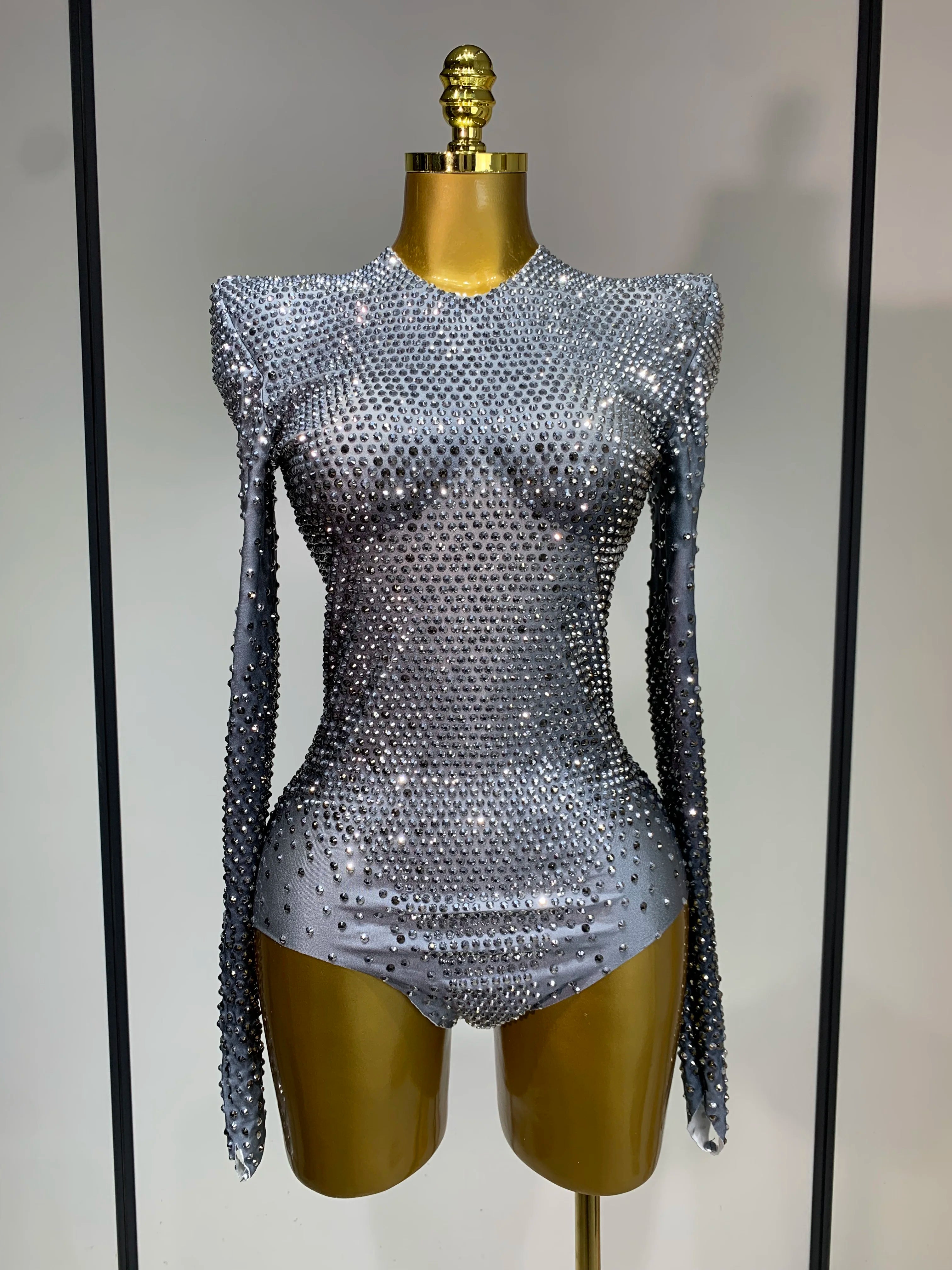 Sparkle Silver Rhinestones Stretch Bodysuits 2025 Women Luxury Birthday Evening Party Sexy Nightclub Singer Stage Costume Silver