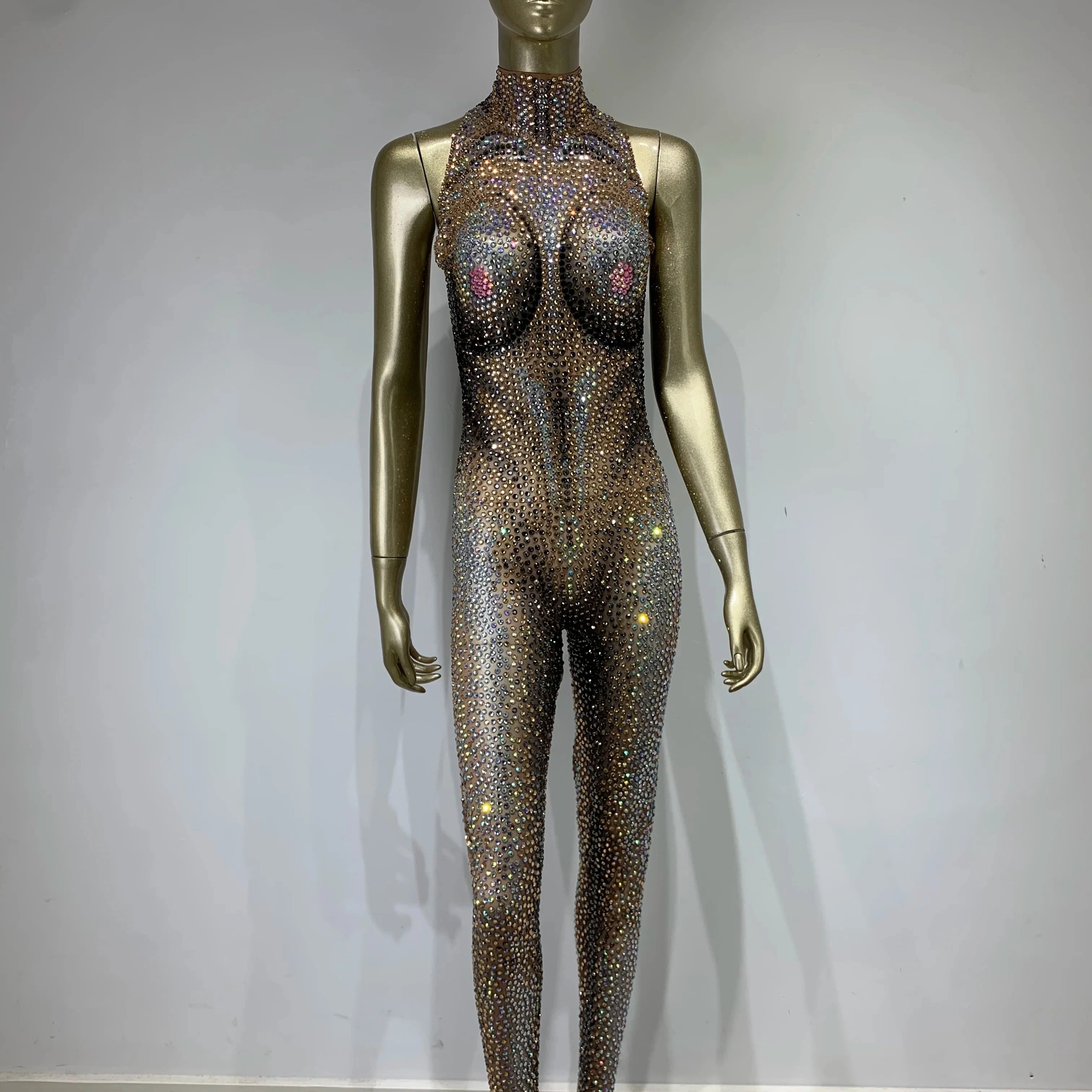 Stock Halloween Women Rhinestone Diamonds Sparkly Black Jumpsuit Birthday Party Costume Bar Nightclub Stage Performance Rompers