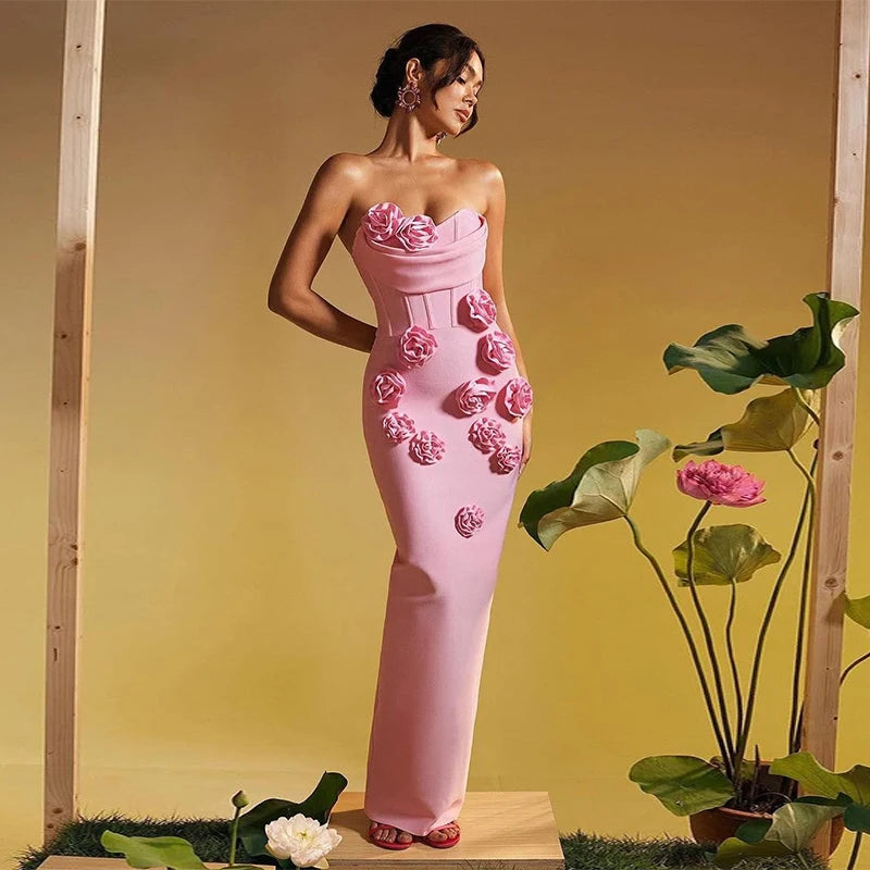 Pink Red Color Women Sexy Strapless Off the Shoulder Florals Bodycon Long Bandage Dress Celebrate Fashion Evening Party Outfit Pink