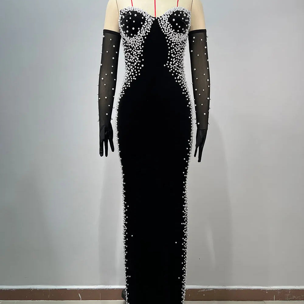 2025 Women Light Luxury Beaded Velvet Dress+Thin Gauntlet Gloves Fashion Bodycon Bareback Sexy Long Dress Evening Party Vestidos black