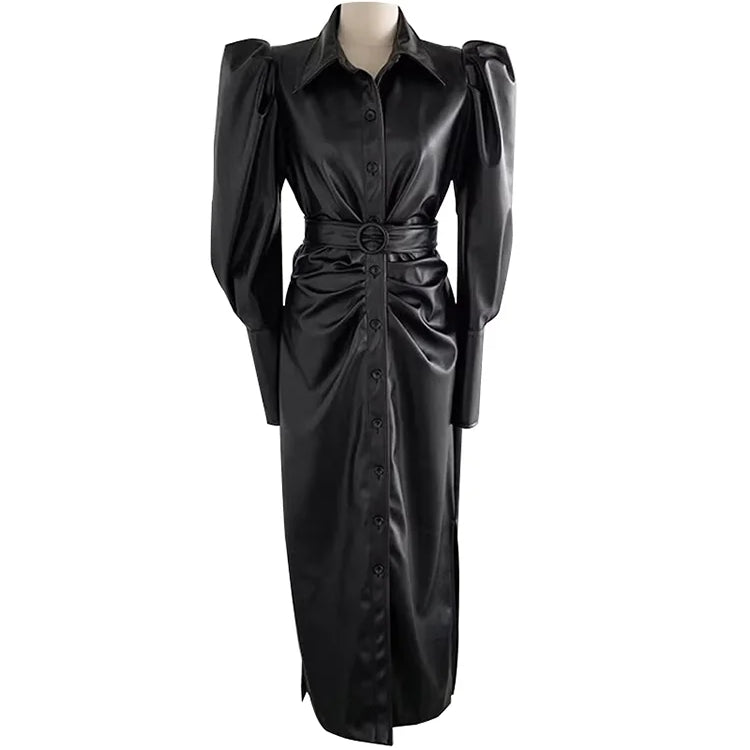 Lautaro Spring Autumn Long Fitted Soft Black Stretchy Pu Leather Shirt Dress Women Puff Sleeve Elegant Luxury Designer Clothes