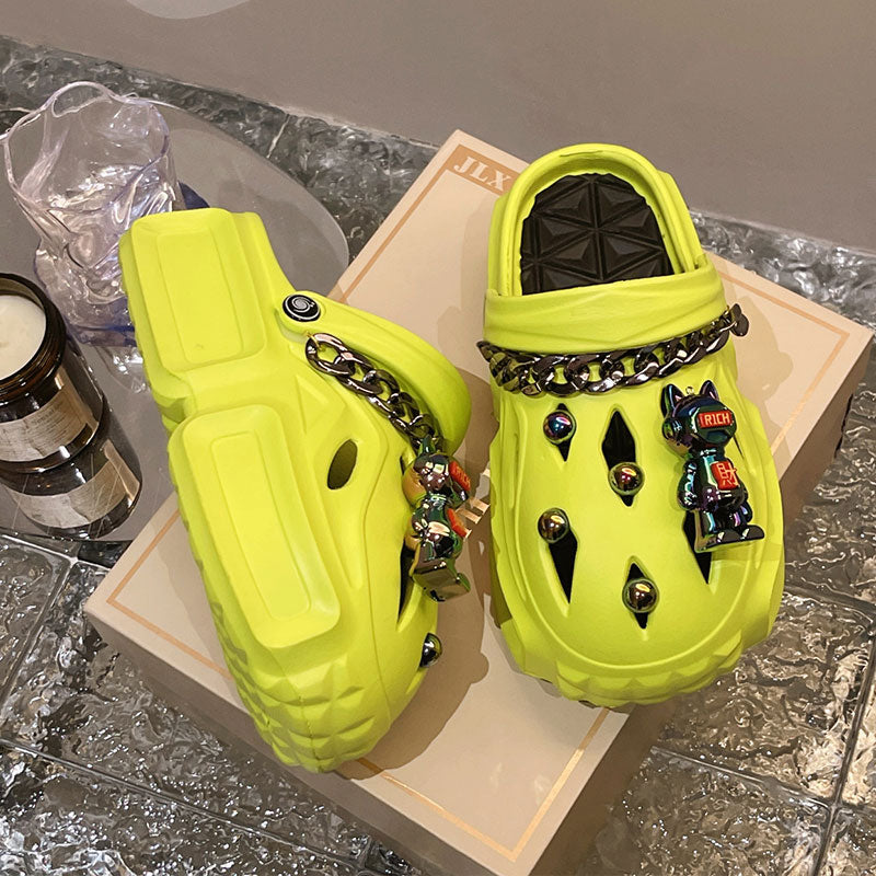 Women's Sandals Thick Soft Home Slippers Non-slip Outdoors Cool Chain Fashion Cozy Slides Easy Washing Breathable Cut-out Green03