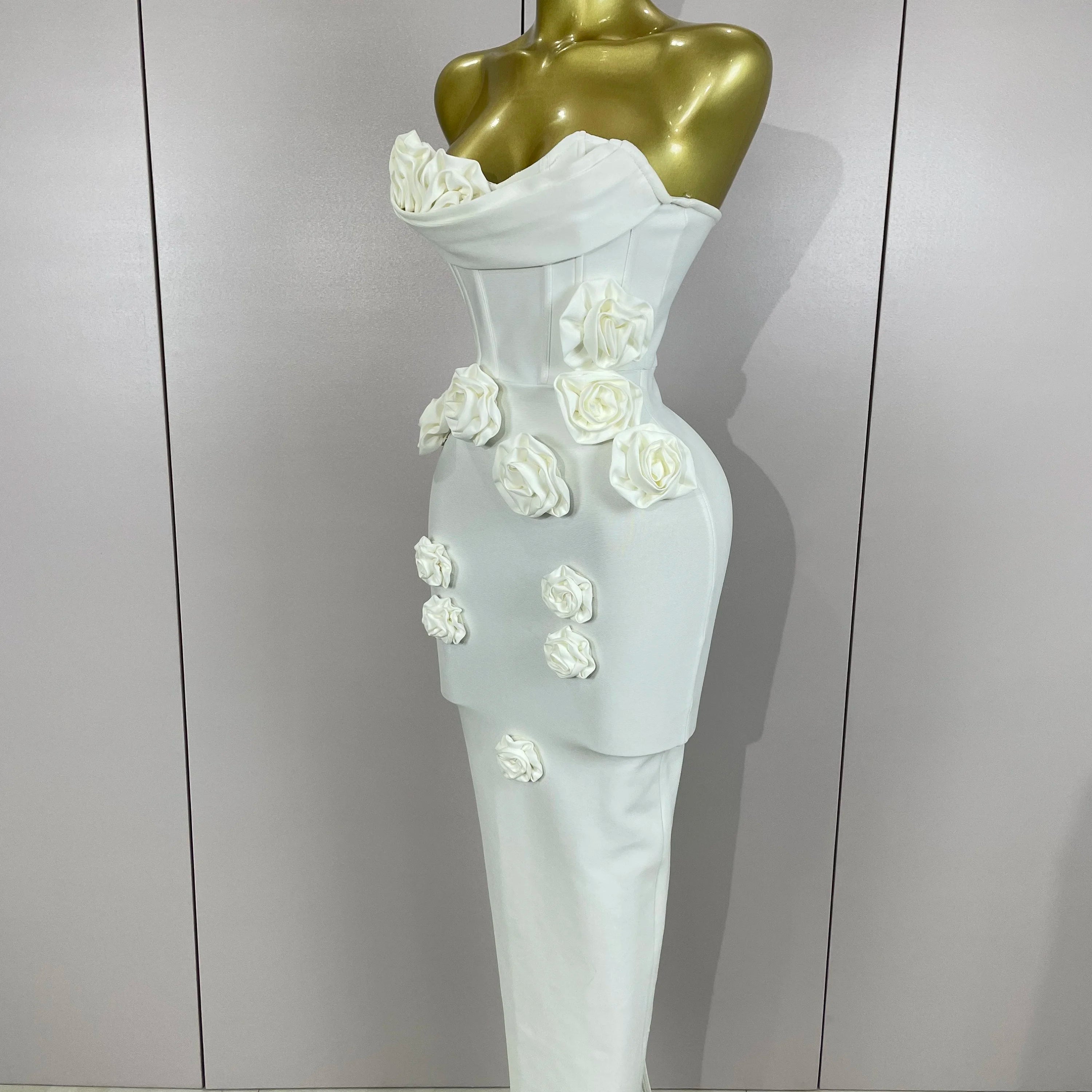 Sexy Fashion White Elegant Strapless Flower Bodycon Long Dress Women Casual Streetwear Club Birthday Party Slim Elegangt Dresses