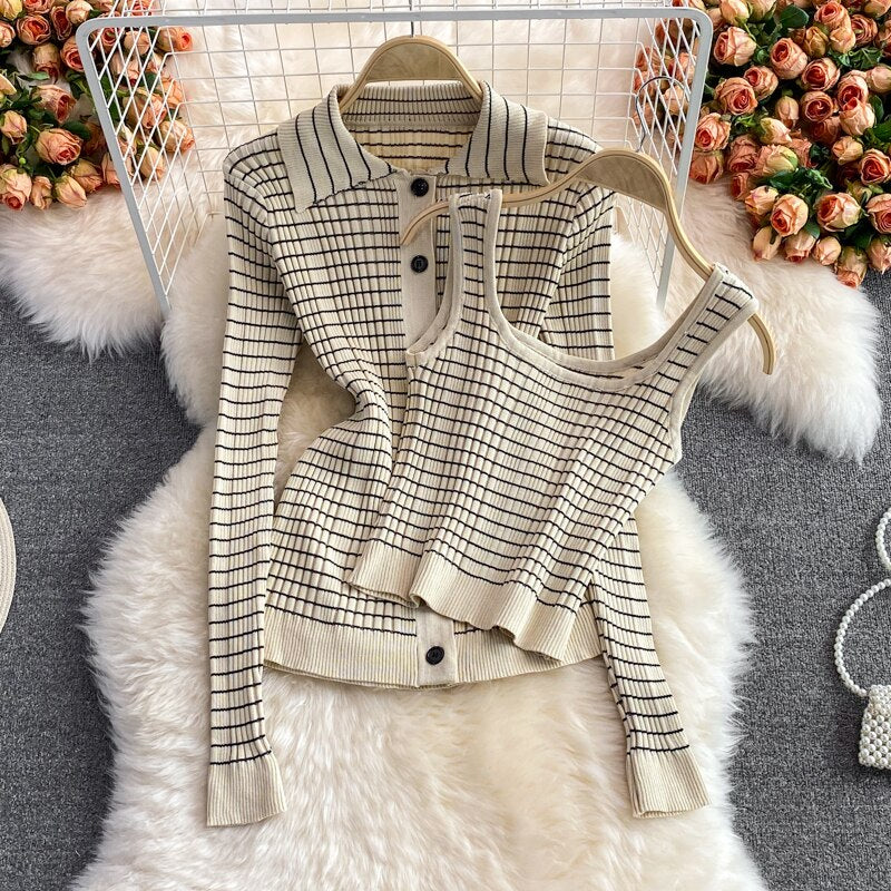 Women 3 Piece Set 2024 Autumn New Korean Style Temperament Fashion Suit Plaid Knitted Cardigan Bottoming Camisole Skirt
