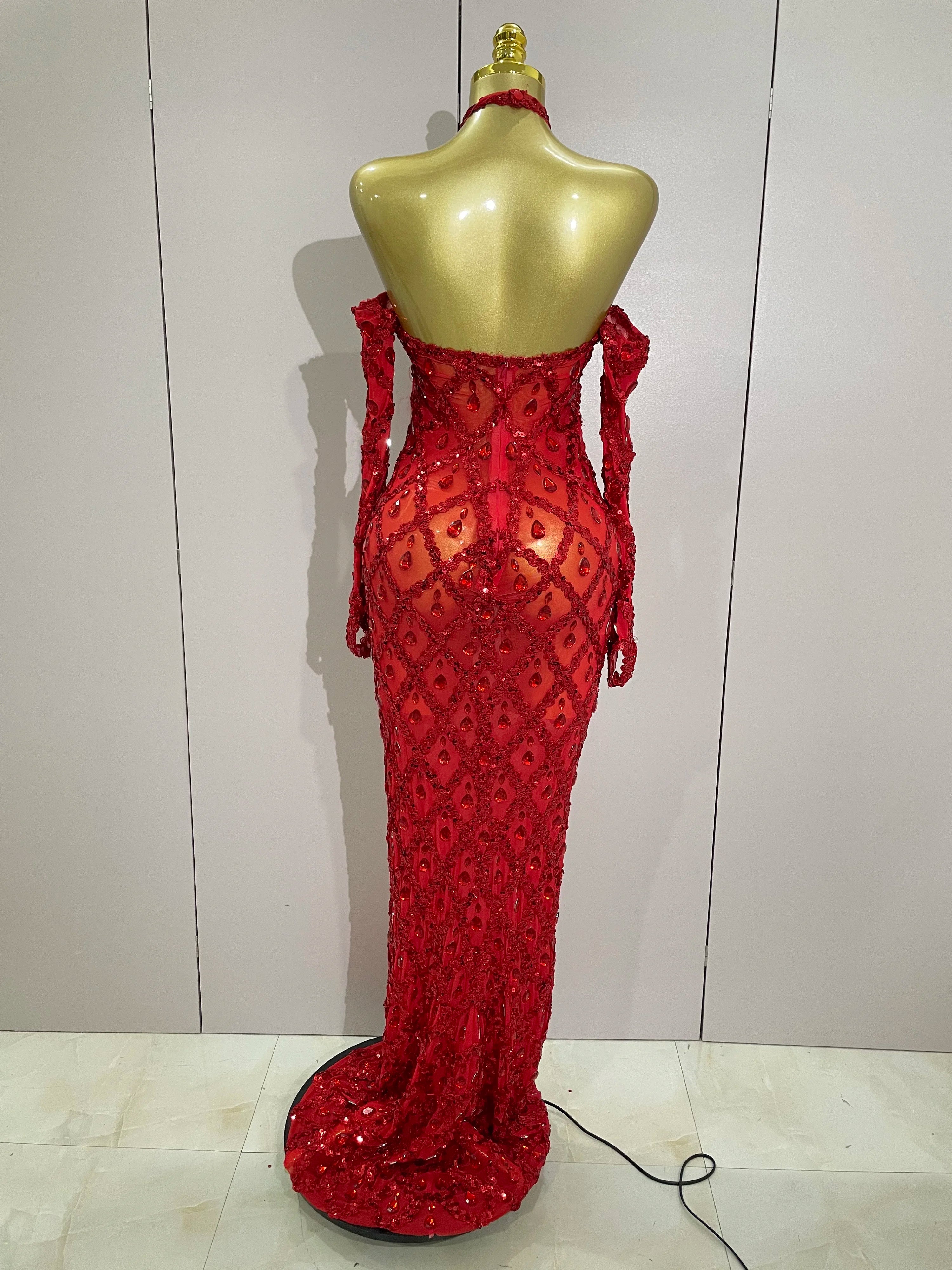 Sexy Sparkly Rhinestones Halter Mesh Long Dress With Gloves 2025 Women Celebrate Evening Wedding Prom Birthday Dress Shoot Wear