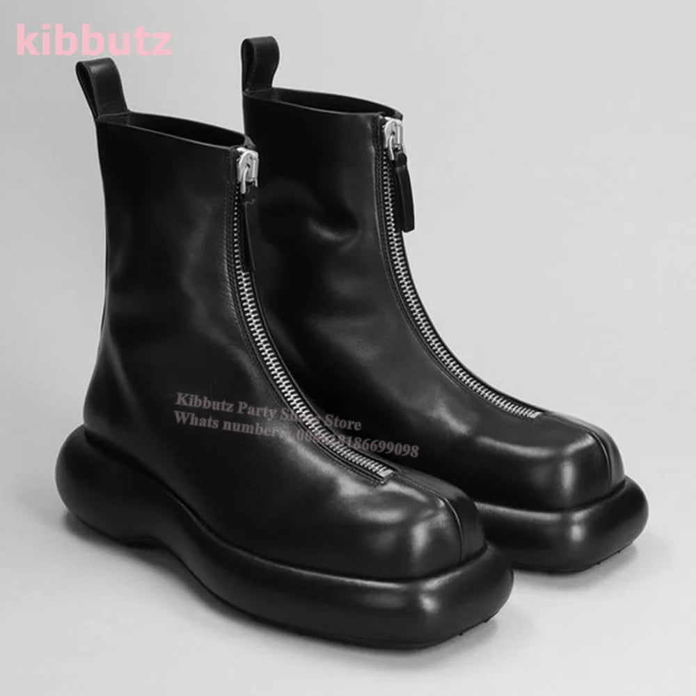 Thick Bottom Front Zipper Ankle Boots Height Increasing Round Toe Solid Genuine Leather Fashion Elegant British Style Women Shoe black
