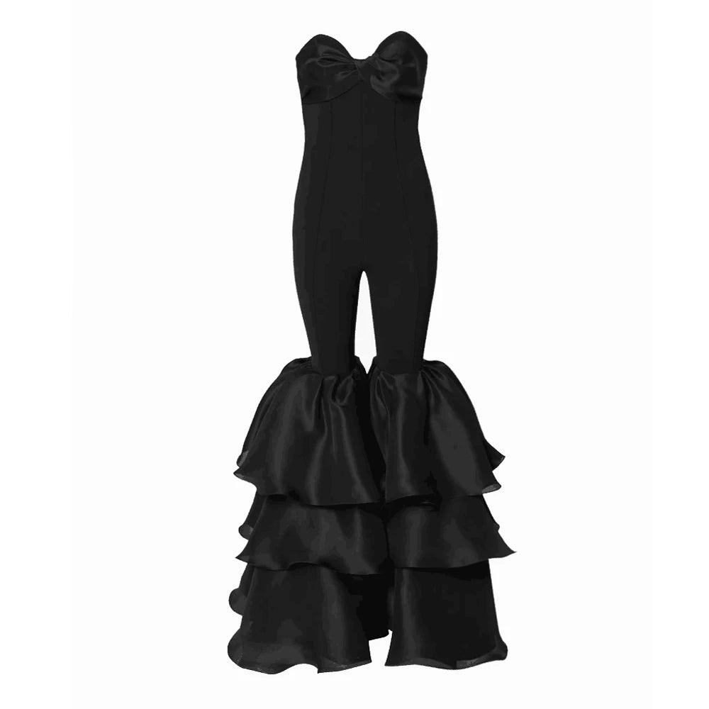 Black Color High Street Women Sexy Strapless Ruffles Wide Leg Jumpsuit Bandage Fashion Evening Party Cocktail Jumpsuit