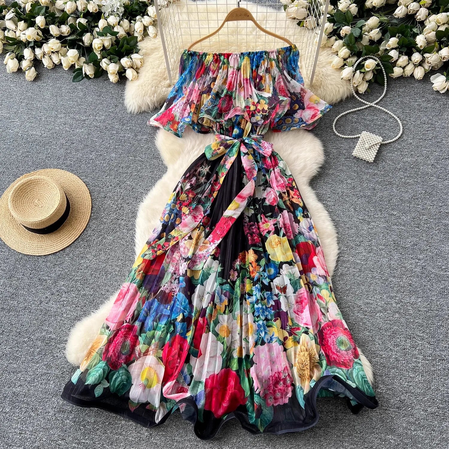 Summer Off Shoulder Gorgeous Flower Holiday Dress Women's Slash Neck Ruffles Batwing Sleeve Print Casual A-Line Beach Vestidos black
