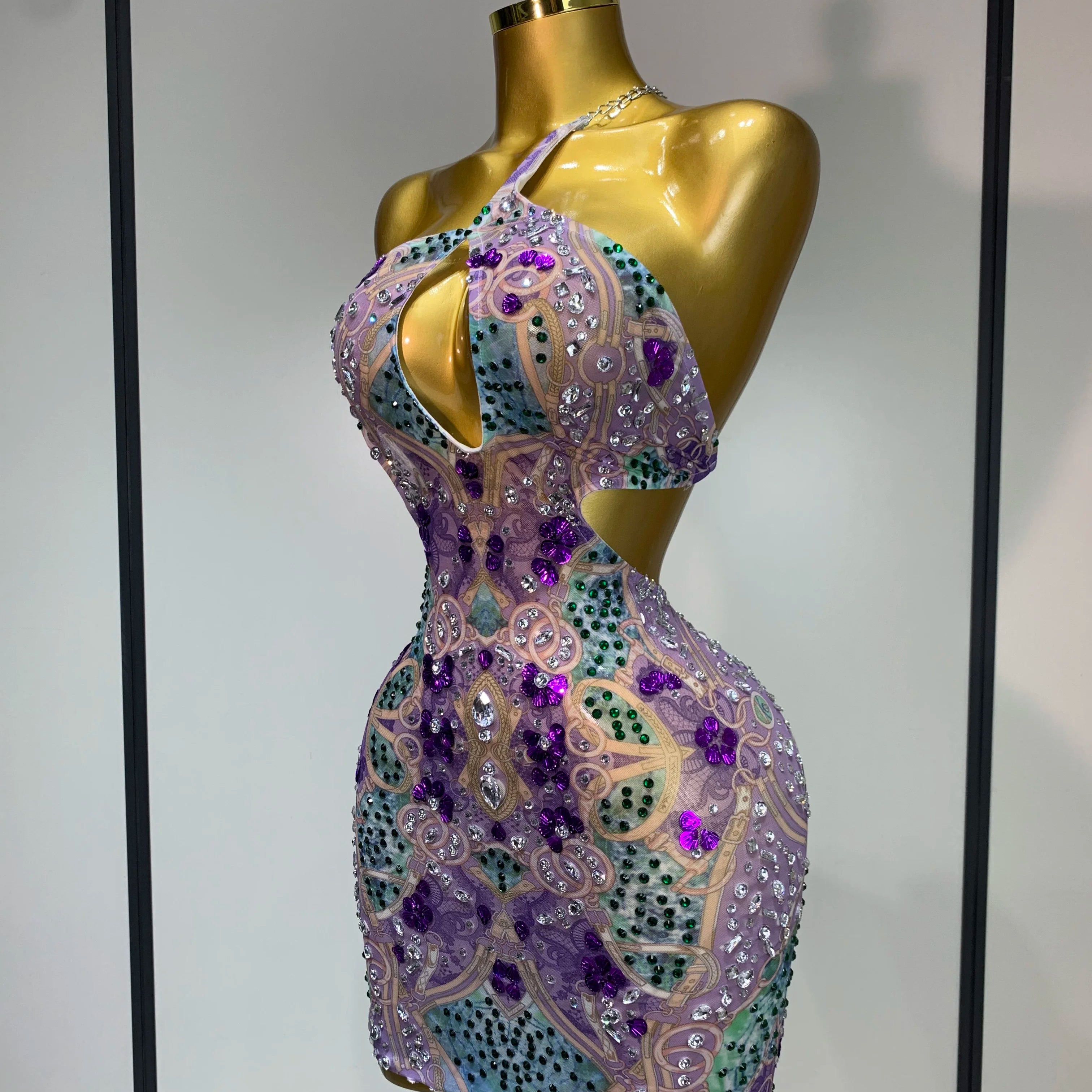 Sprakly Rhinestones Women Sexy Mesh See Through Hollow Out Mini Dress Luxury Birthday Birthday Photo Shoot Performance Costume