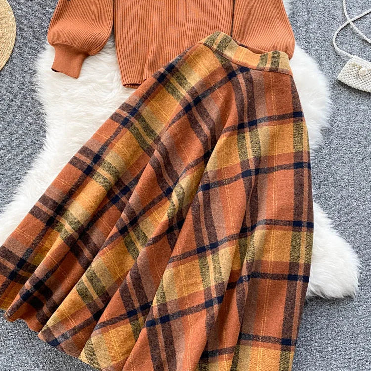 SINGREINY Women Retro Sweater Suits Fashion Lantern Sleeve Sheath Knitted Top+Elastic Loose Long Skirt Two Pieces Sets