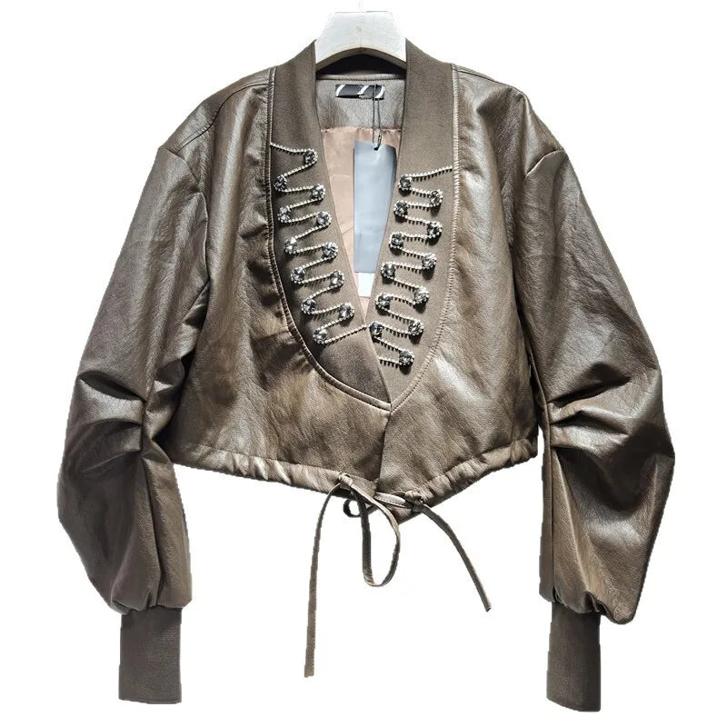 Autumn Winter Fashion V-Neck PU Leather Heavy Beading Design Pleated Coat For Women High Street Jacket Trendy 11A07727