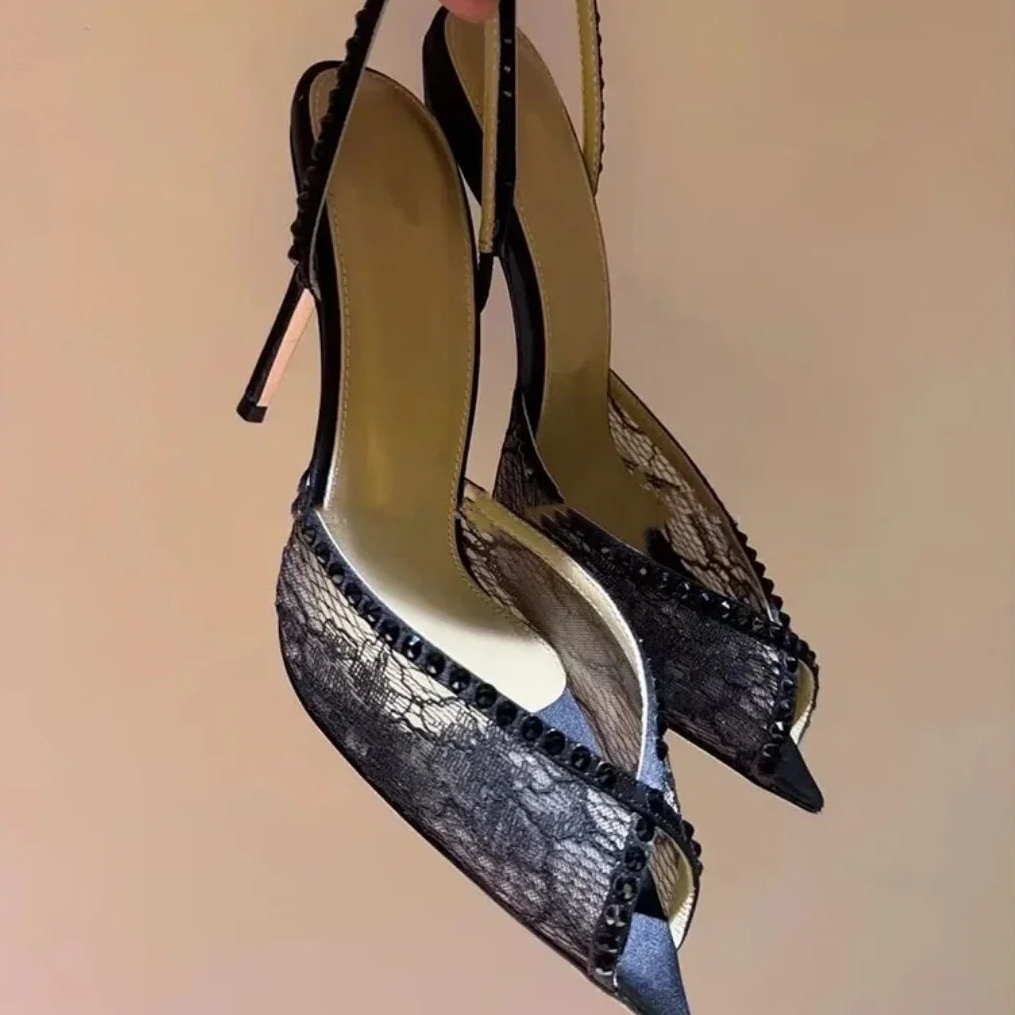 Blue Lace Rhinestone Women Sandals Pointed Toe Stiletto Embroidered High Heel Back Strap New Slip On Pull On Narrow Band Shoes as picture 1