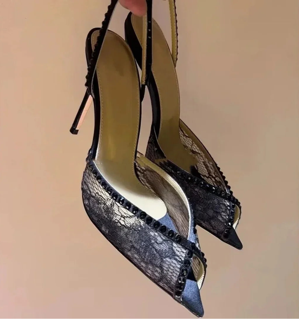 Blue Lace Rhinestone Women Sandals Pointed Toe Stiletto Embroidered High Heel Back Strap New Slip On Pull On Narrow Band Shoes as picture 1