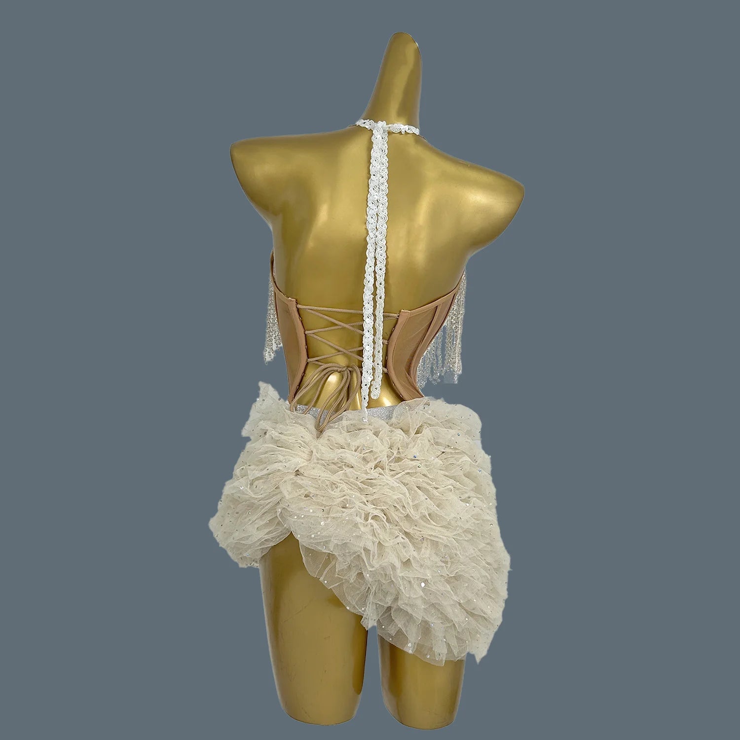 Fashion Women's 2-Pieces Stage Outfit Set Sexy Halter Asymmetric Party Celebrate Clothing Dancer Rhinestone Chain Costume Mixian