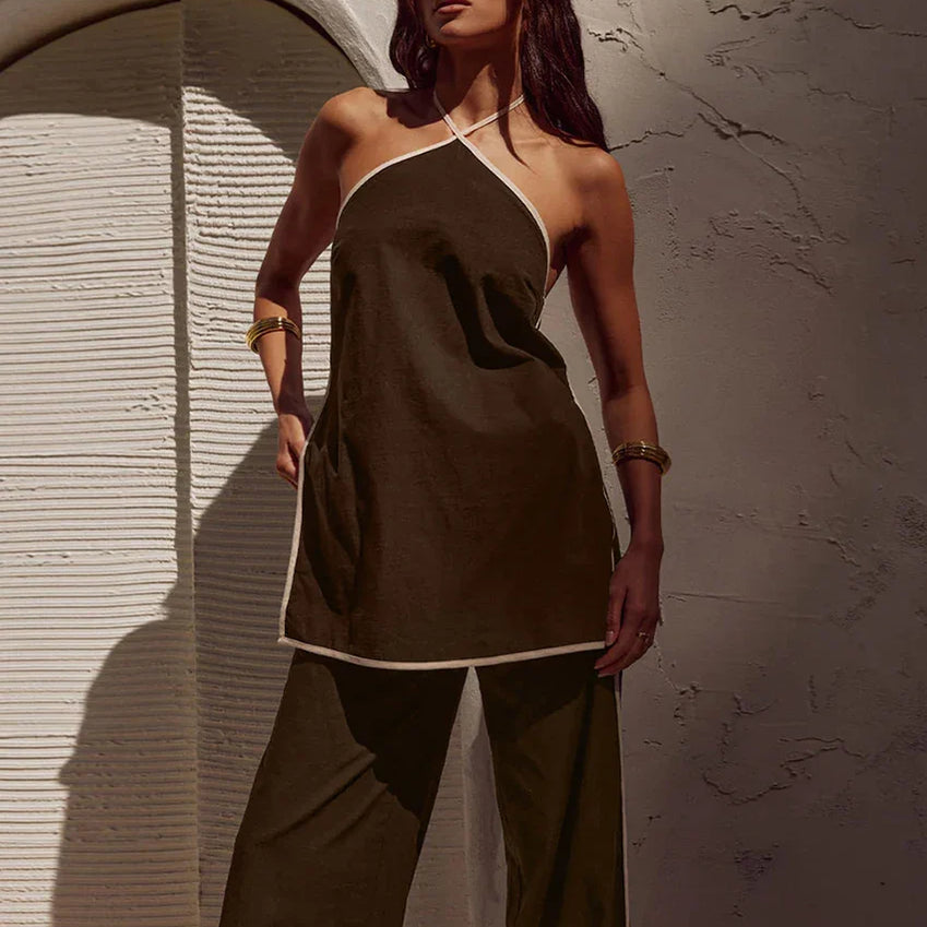 Clacive Elegant Loose Brown Cotton 2-Iece Sets For Women Sexy Halter Sleeveless Tank Top With High Waist Wide Pants Set Female