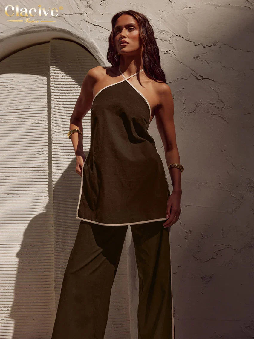 Clacive Elegant Loose Brown Cotton 2-Iece Sets For Women Sexy Halter Sleeveless Tank Top With High Waist Wide Pants Set Female