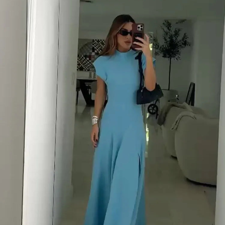 Chic Shoulder Pad Round Neck Solid Maxi Dress Women Elegant Sleeveless A-line Long Dresses 2024 Lady Fashion High Street Robes Blue