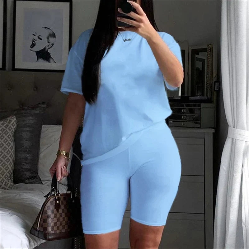 Women Sets Summer Outfit Sportswear Two Piece O-Neck Short Sleeve Tee Gym Tracksuit Jogging Tshirts Casual Style