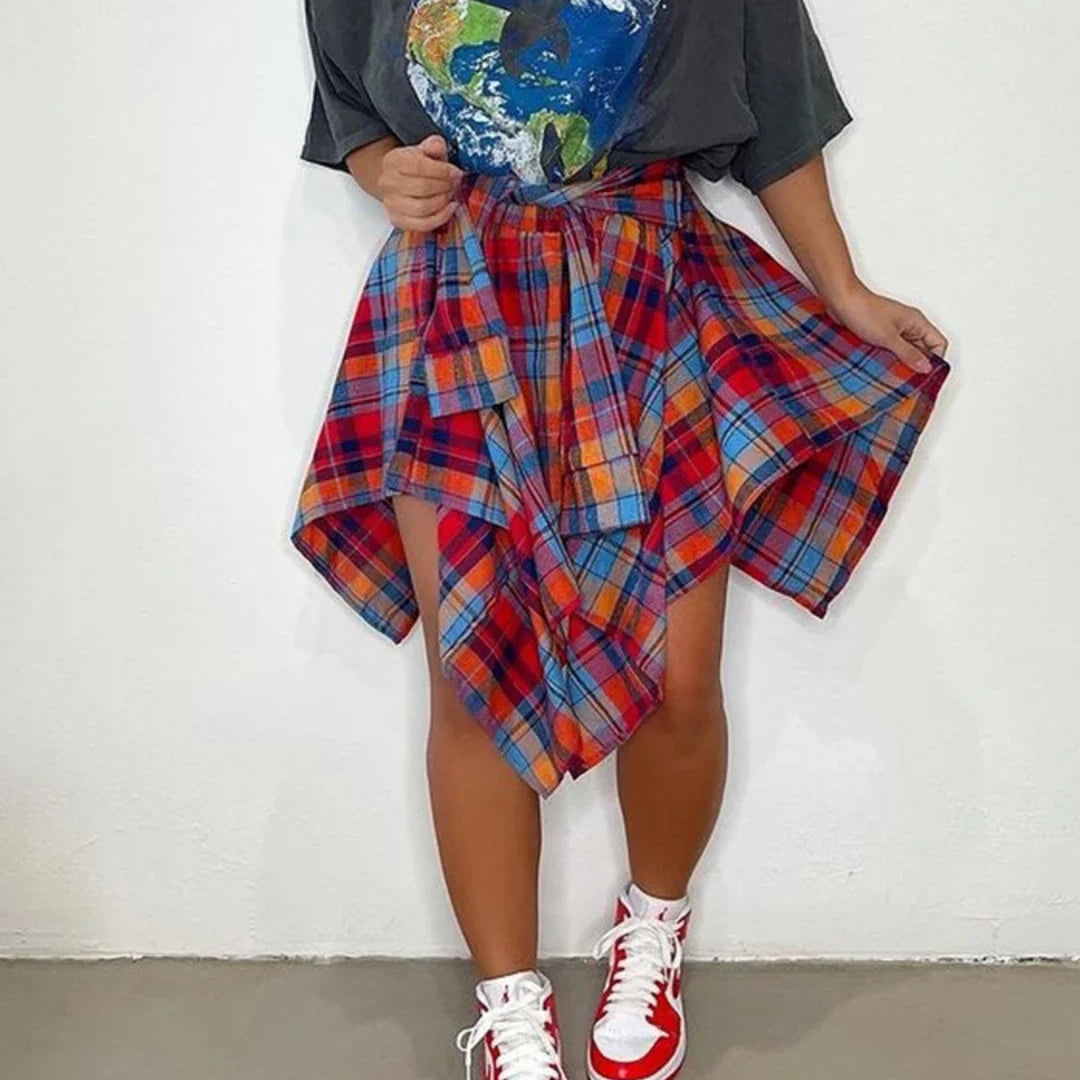 CM.YAYA Women Plaid Irregular High Waist Knee Length Skirts 2022 Summer Holiday Streetwear Sleeve Wrapped Lace Up Waist Skirt