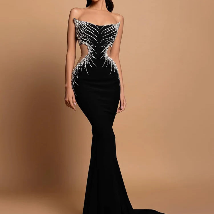 VC Strapless Crystal Black Maxi Long Gown Sparkling Diamond Hollow Tight Elegant Celebrity Party Evening Dress