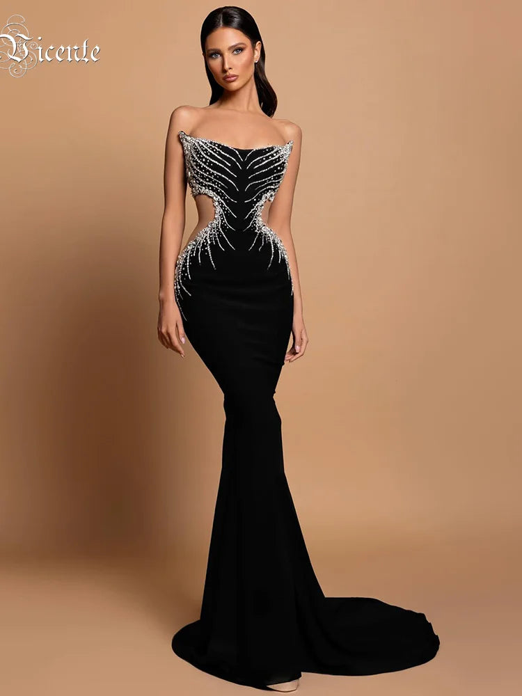 Strapless Crystal Black Maxi Long Gown Sparkling Diamond Hollow Tight Elegant Celebrity Party Evening Dress