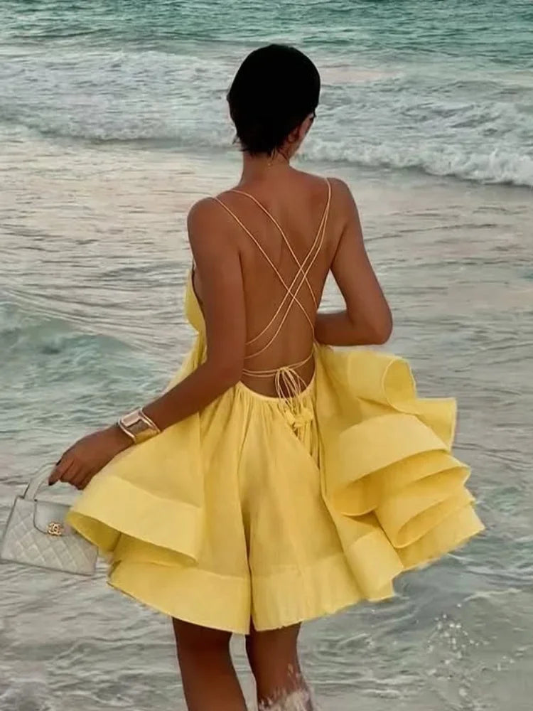 Elegant Yellow Pleated A-line Hem Mini Dress Women Sexy Sleeveless Open Back Lace-up Dresses Summer Lady Holiday Beach Vestidos