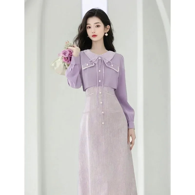 French Elegant Dress Lavender Temperament Women's Clothing High Grade Gentle Fake Two Piece Purple Long Sleeve Dress purple