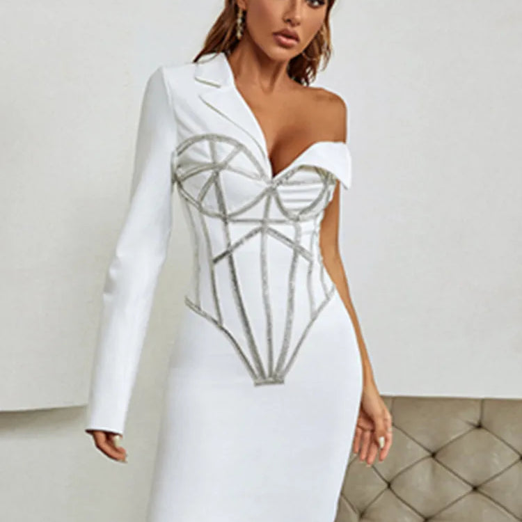 Winter Sexy Long Sleeve Single Beading Sparkly White Mini Women Bodycon Bandage Dress 2022 Elegant Evening Party Dress Vestido