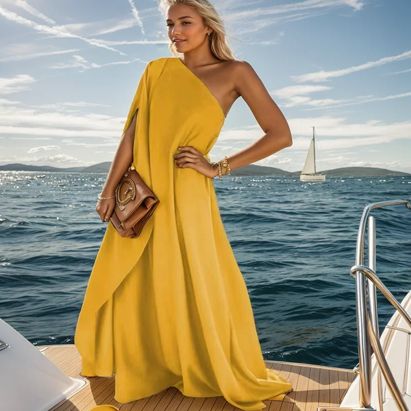 Temperament Elegant Off Shoulder Boho Long Party Dress Women Sexy One Shoulder Loose Evening Dress Fashion Button Solid Dresses Style 8