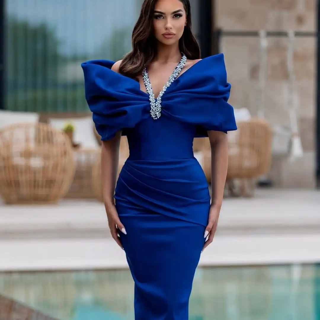 Red Black Women Sexy Halter Off the Shoulder Crystal Ruffles Bodycon Long Bandage Dress Nightclub Party Birthday Celebrate Wear Blue