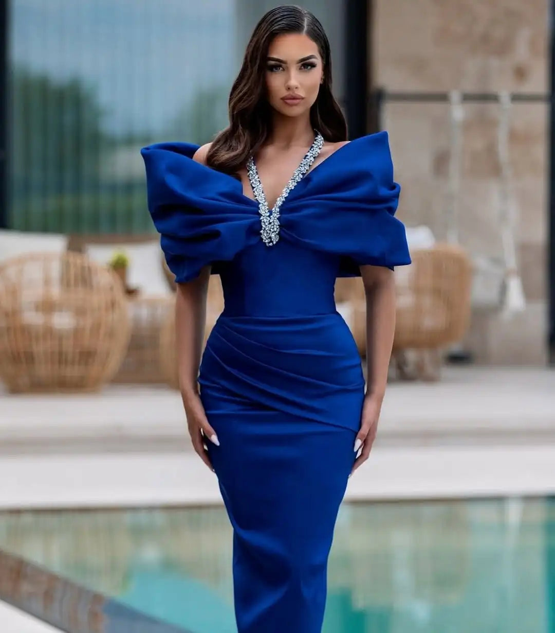 Red Black Women Sexy Halter Off the Shoulder Crystal Ruffles Bodycon Long Bandage Dress Nightclub Party Birthday Celebrate Wear Blue