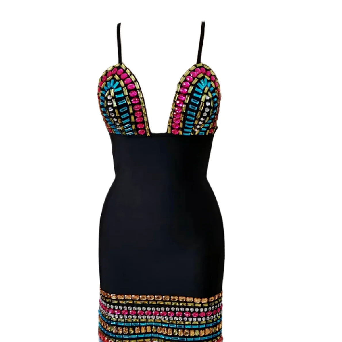 STOCK Colorful Diamonds Sexy V-Neck Spaghetti Strap Mini Bandage Dress Fashion Woman Evening Dress Holiday Vocation Vestido