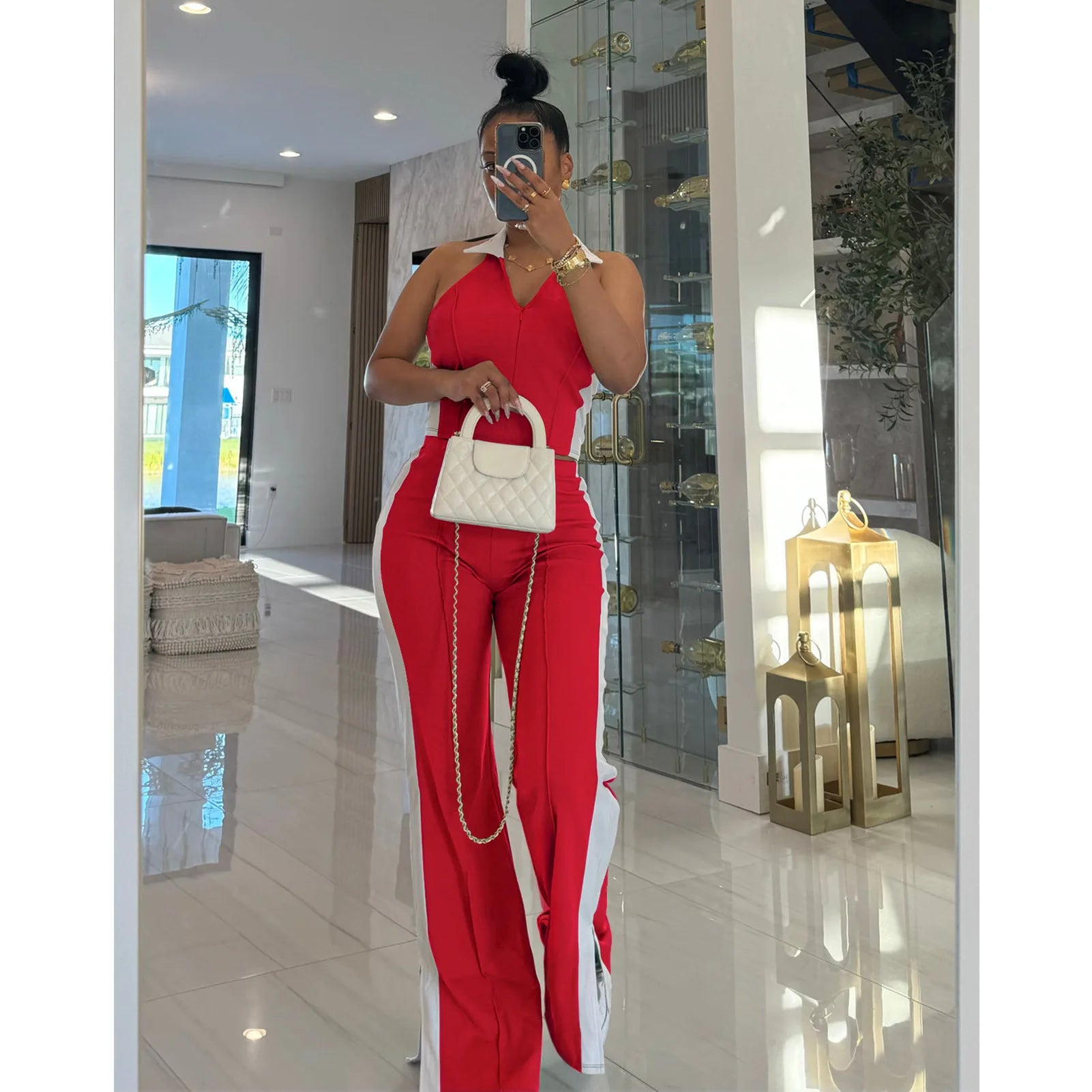 Sporty Patchwork Women's Set Sleeveless Polo-tank Tops and Slit Flare Pants 2025 Active Two 2 Piece Set Outfit Tracksuit