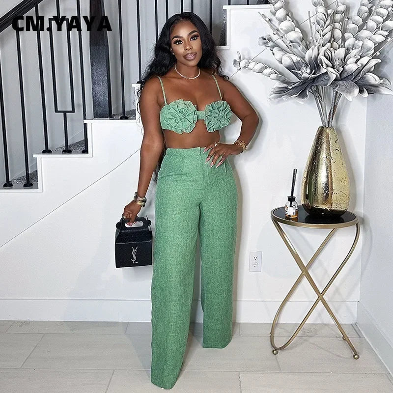 Streetwear Women's Set Sleeveless 3D Flower Crop Bra Top+Wide Leg Pants Elegant beach holiday Two 2 Piece Set Outfits