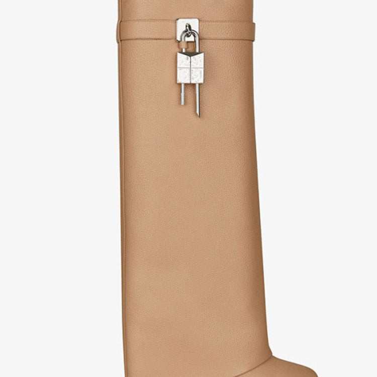 Women's Knee High Boots Shark Lock Long Thick Soled High-heeled Boots Designer Luxury Brand Women's Leather Boots Light brown pu