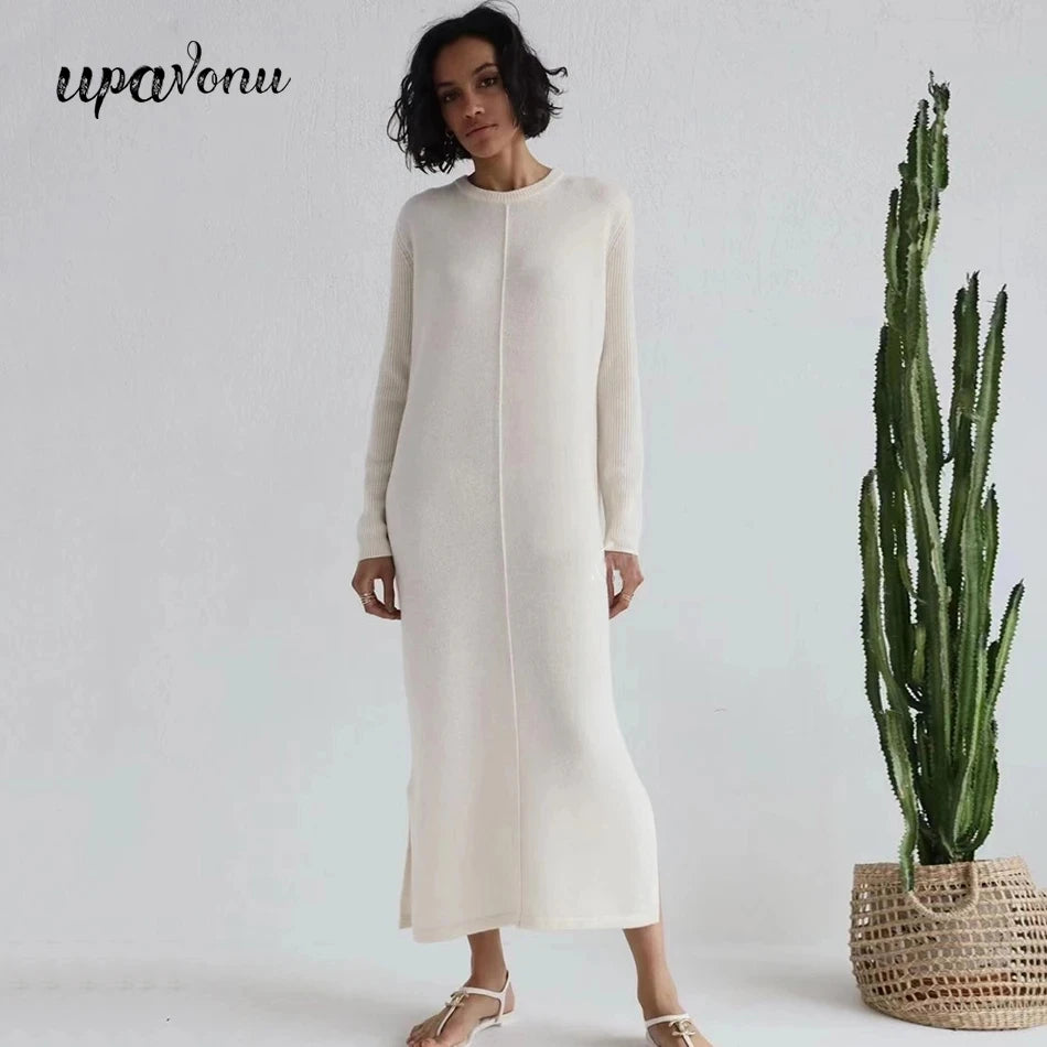 2024 Casual Midi Knit Dress Women's O-neck Long Sleeve Split Straight Dresses 2023 New Autumn Pure Color Knit Vestidos Apricot