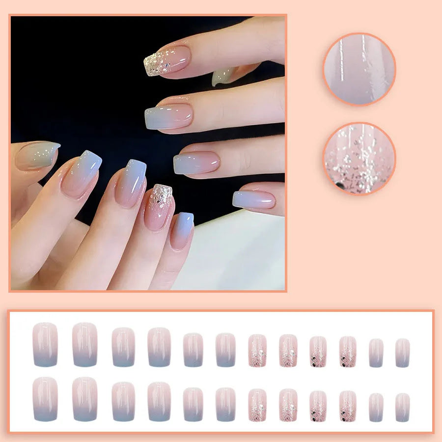 24pcs/set Short Medium fake nails for women girls gradient shiny glitters heart french Square almond tips Press on false nail 2224