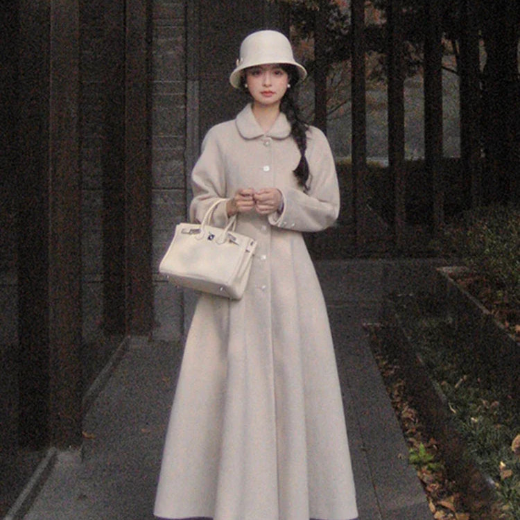 Winter Long Wool & blends Coat for Women Chic Luxury Elegant Womans Clothing Skirted Woolen Overcoat 2024