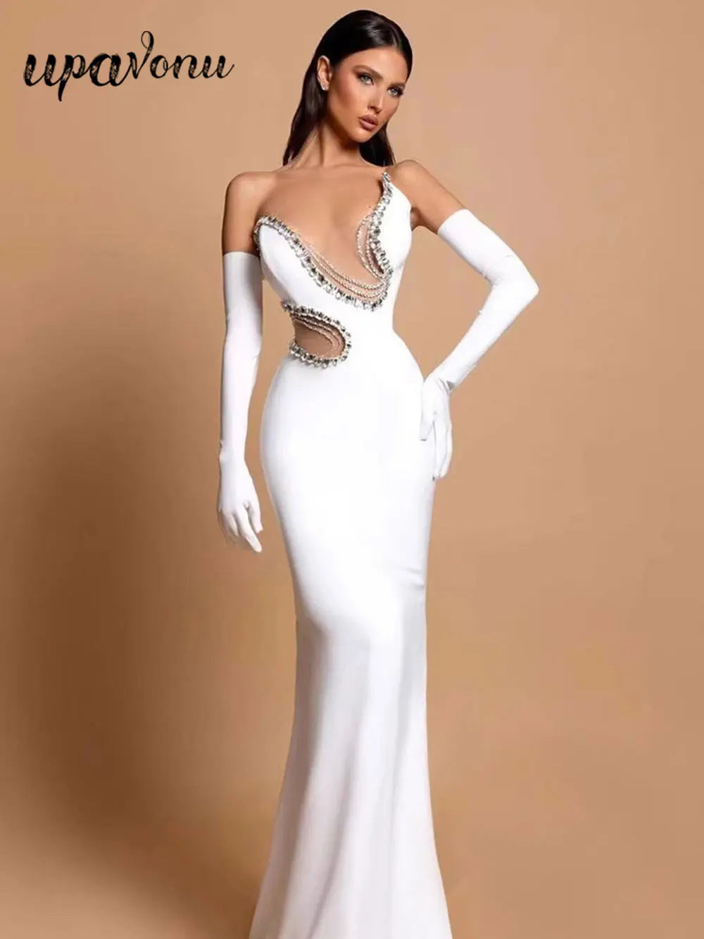 2025 Sexy Women'S Light Luxury Nail Bead Bandage Dress Strapless Sleeveless Patchwork Bodycon Backless Long Dress Party Vestidos